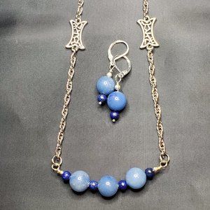Handcrafted Genuine Aventurine, Lapis, silver Necklace and Earring Set